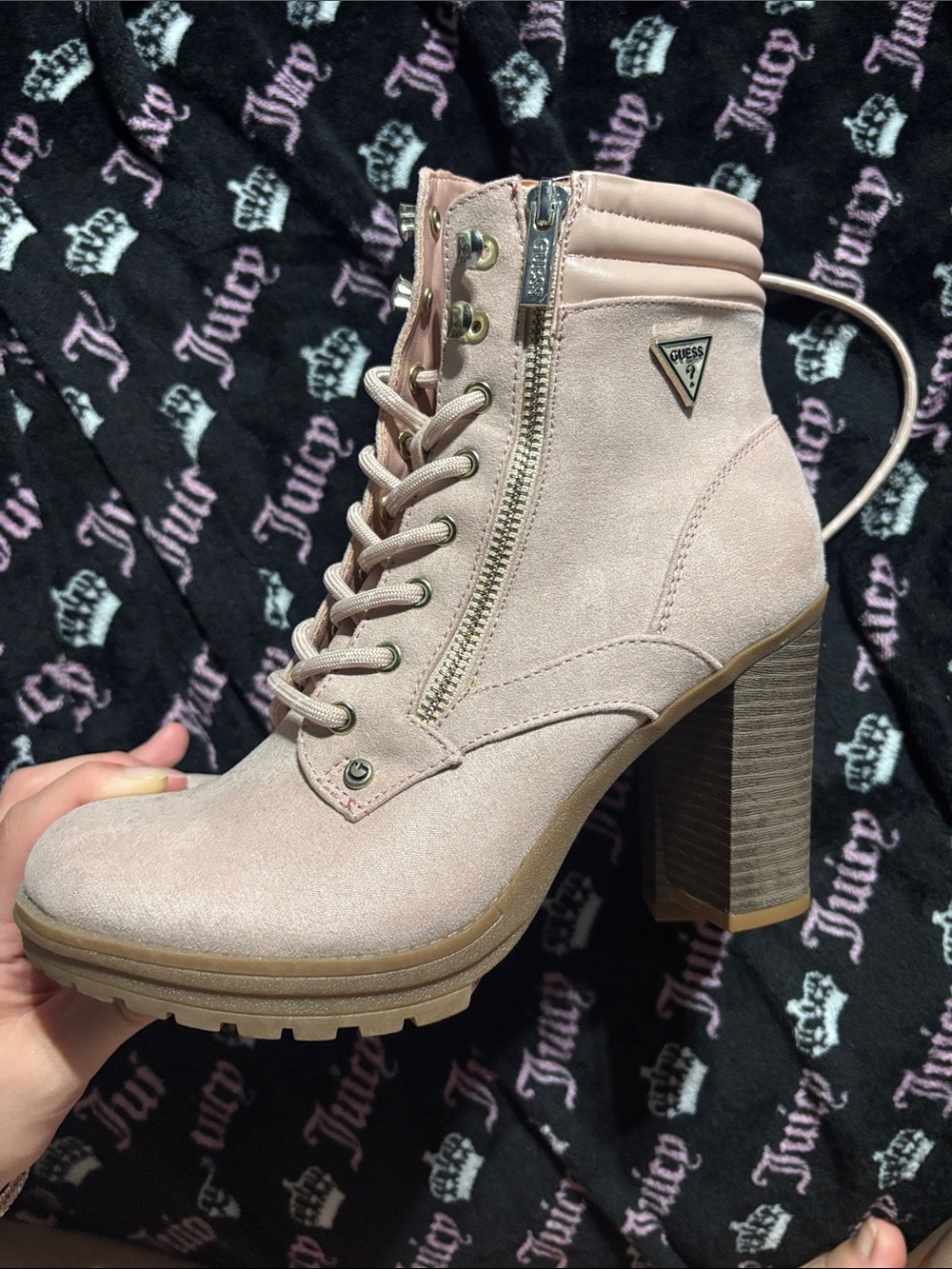 GUESS Blush Pink Lace-Up Chunky Heel Bootie with Side Zip